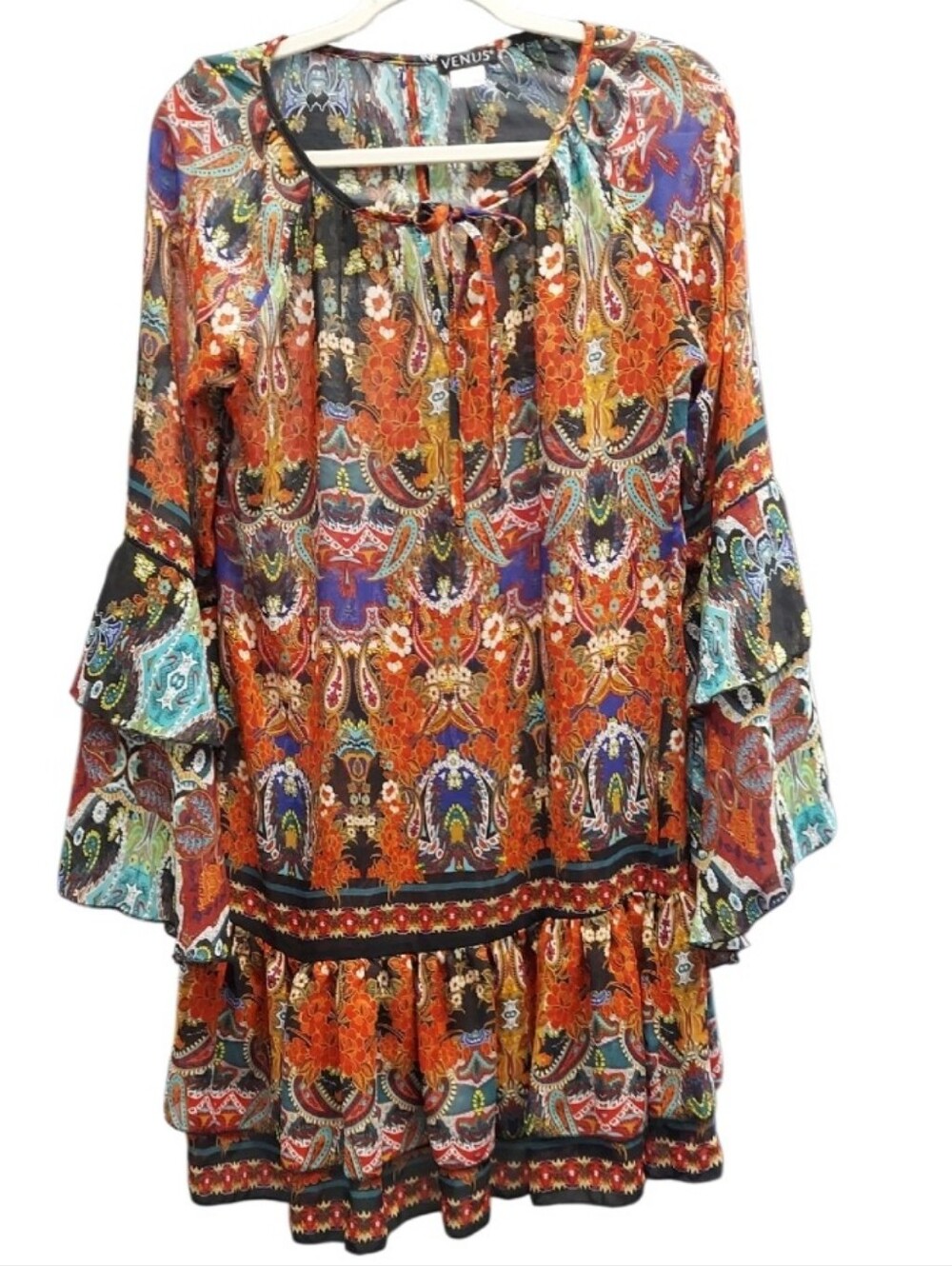 Venus Dress, Size Medium, Boho Paisley, Ruffle Sleeve & Hem